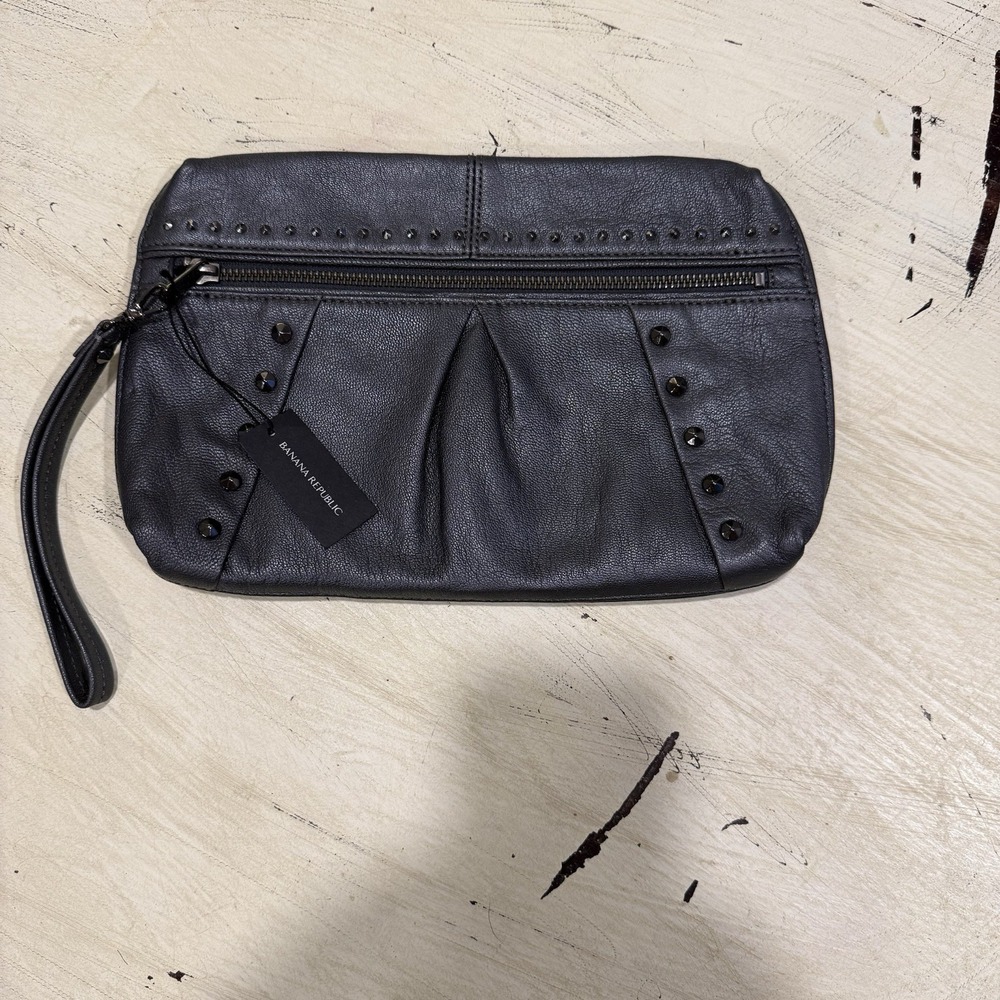 Banana Republic Wristlet Women OS Gray Leather Studded Pleated Metallic Clutch